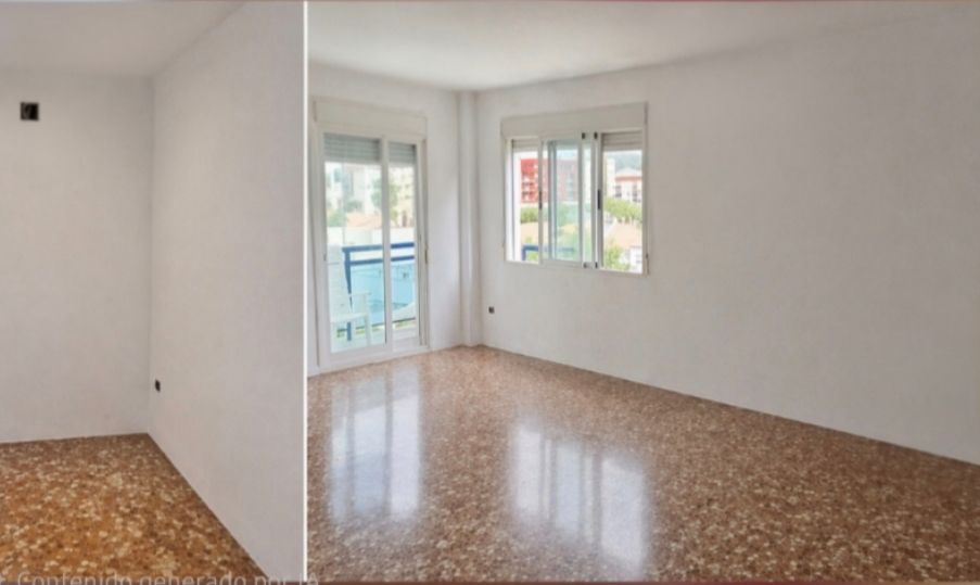 Habitación luminosa y vacía con suelo de terrazo brillante, paredes blancas, ventanas y una puerta corredera de cristal que da a un balcón.