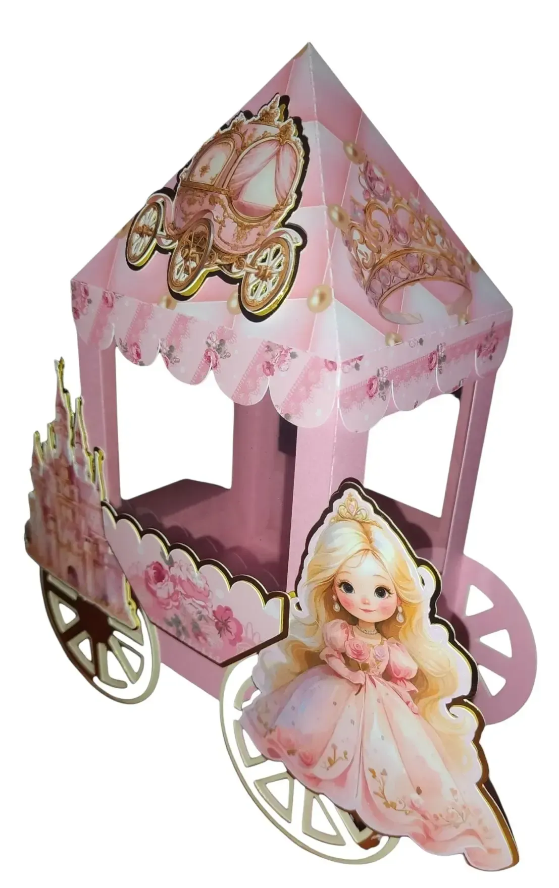 Cochecito de princesa rosa de juguete con muñeca, ruedas doradas y toldo decorativo.
