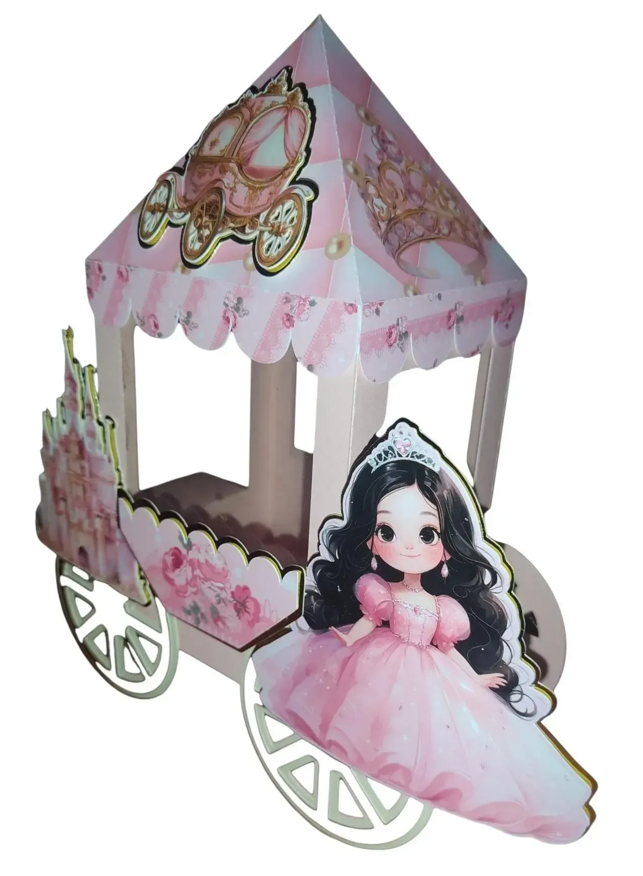 Cochecito de juguete rosa de princesa con muñeca y techo con toldo.