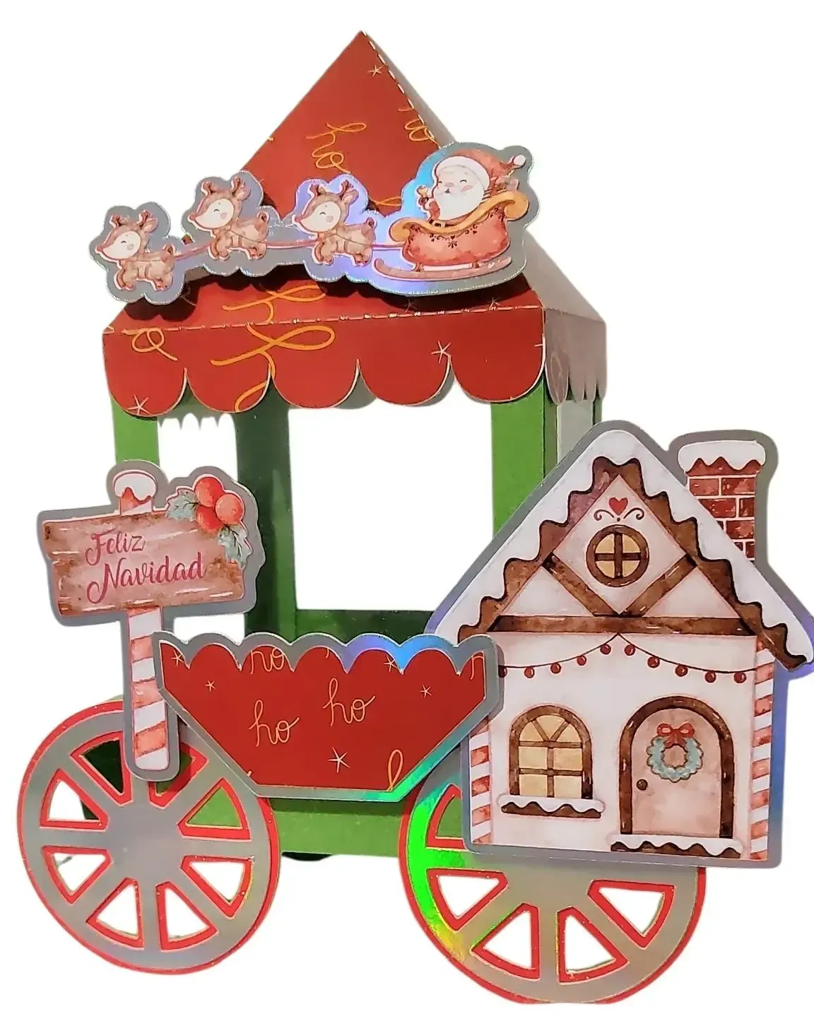 Carrito de papel festivo rojo y blanco con temática navideña, casa de jengibre, letrero de dulces y reno de juguete.