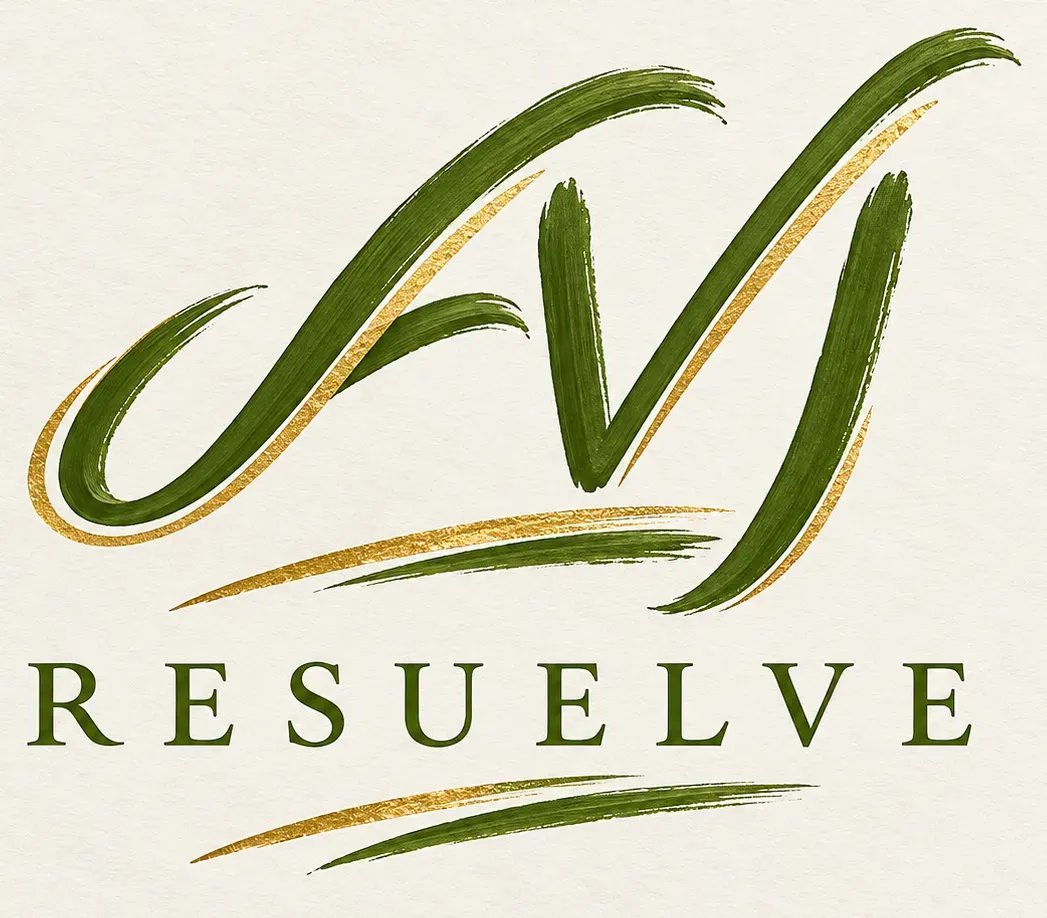 Logotipo de Resuelve en letra cursiva verde y dorada con detalles estilizados en forma de swoosh.