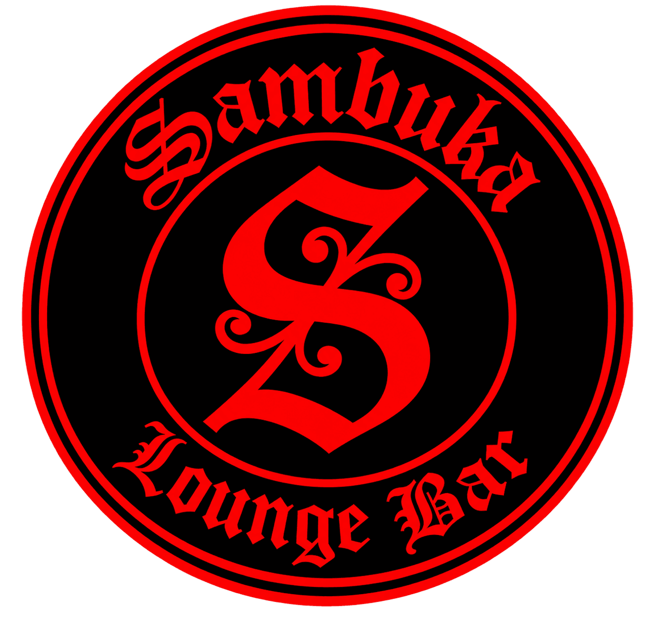 Logotipo del Sambuka Lounge Bar en rojo y negro con la letra “S” estilizada.