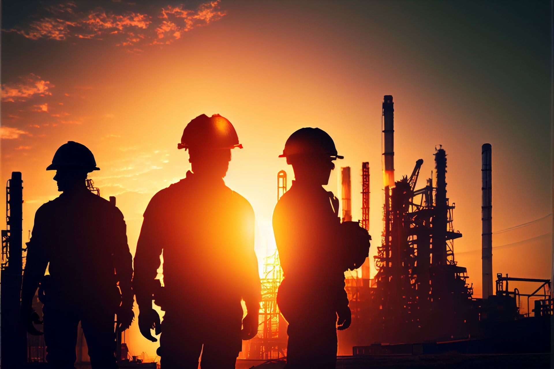 Un grupo de trabajadores de la construcción está parado frente a una refinería de petróleo al atardecer.
