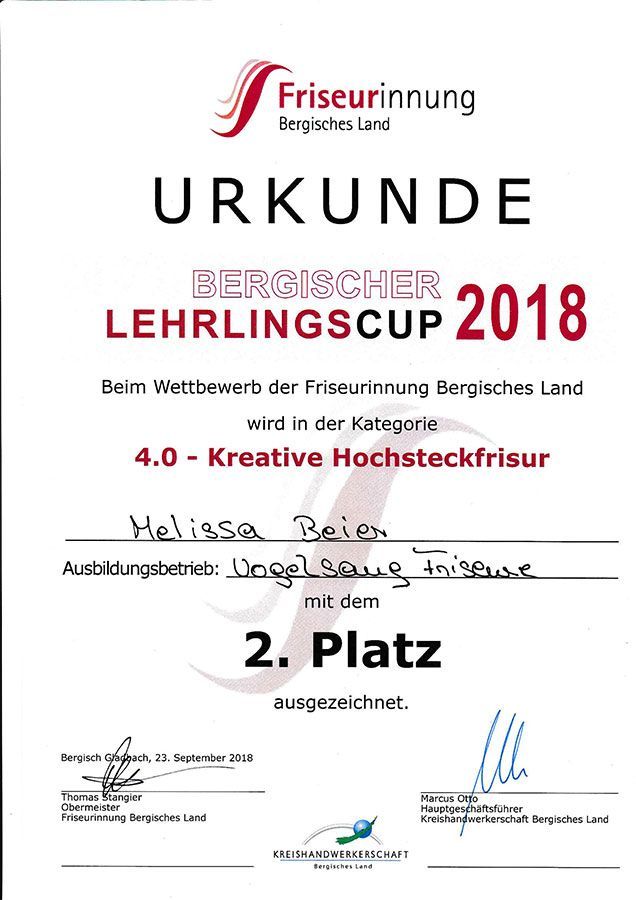 A certificate that says urkunde lehrlingscup 2018
