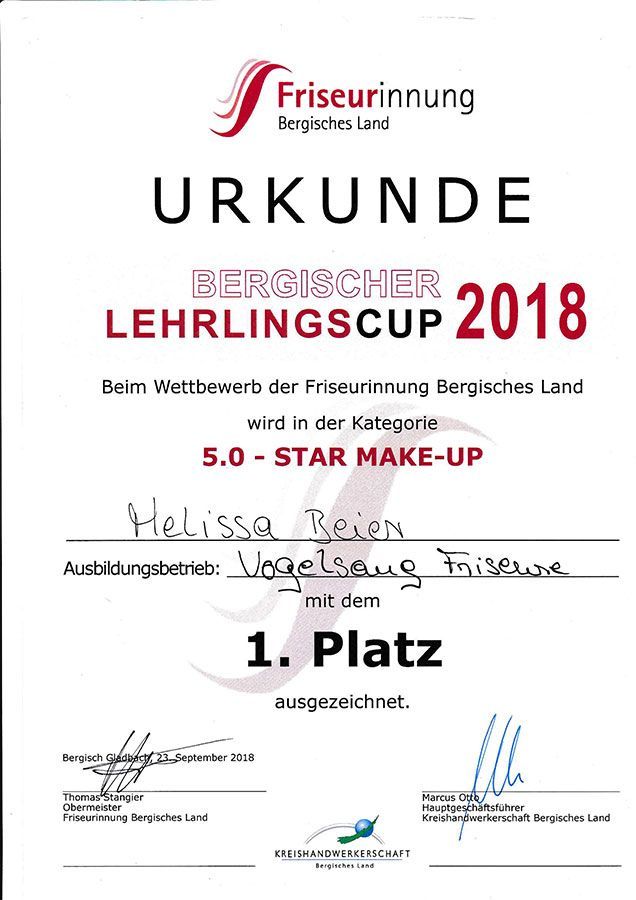 A certificate that says ' urkunde bergischer lehrlingscup 2018 ' on it