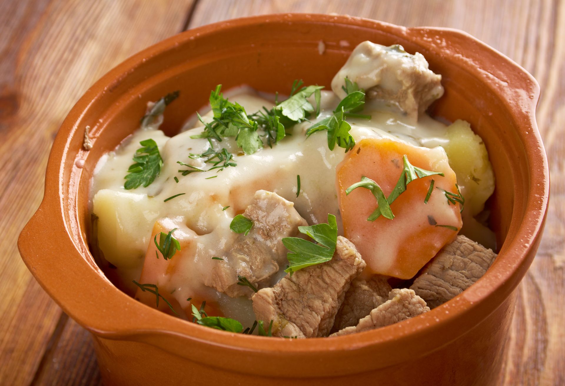 Bol en terre cuite contenant un ragoût crémeux à la viande, aux pommes de terre et aux herbes