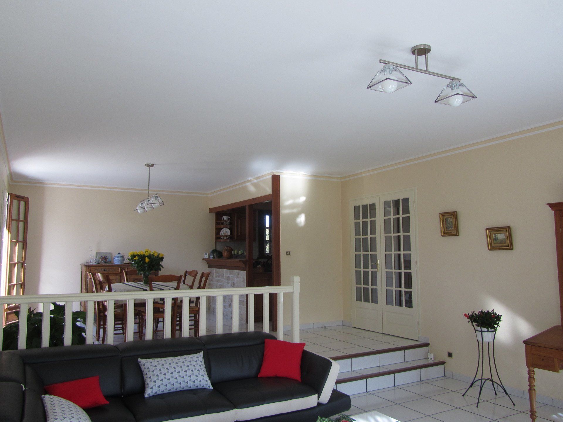 Salon et salle à manger séparés par une rambarde et des escaliers