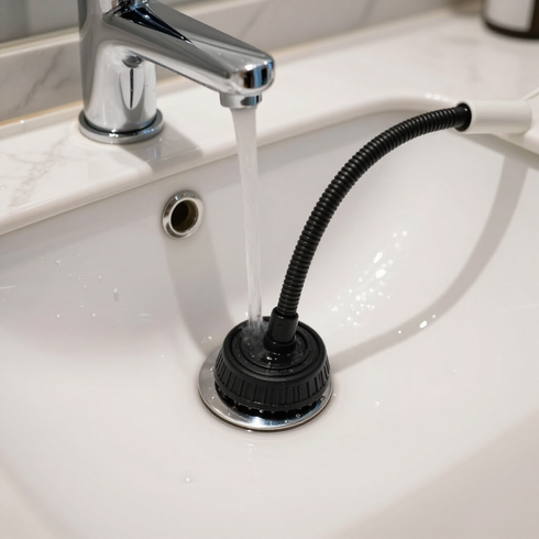 Un grifo que deja correr agua hacia un lavabo blanco con un tapón de desagüe flexible de color negro.