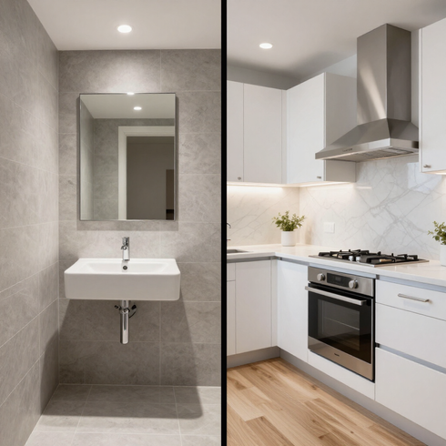 Baño moderno con lavabo y espejo montados en la pared, junto a una cocina blanca con campana extractora de acero inoxidable.
