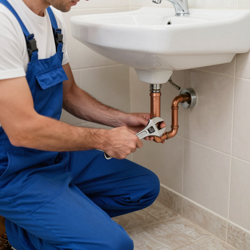 Un fontanero con mono azul aprieta las tuberías del fregadero con una llave inglesa debajo de un lavabo.