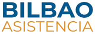 Logotipo de Bilbao Asistencia en texto azul y naranja sobre fondo blanco.