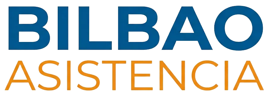 Logotipo de Bilbao Asistencia en texto azul y naranja sobre fondo blanco.