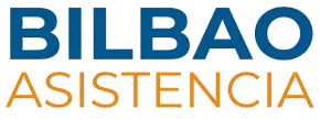 Logotipo de Bilbao Asistencia en texto azul y naranja sobre fondo blanco.