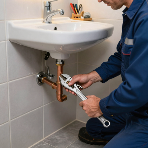 Un fontanero aprieta la tubería del lavabo del baño debajo de un lavabo blanco con una llave inglesa ajustable.