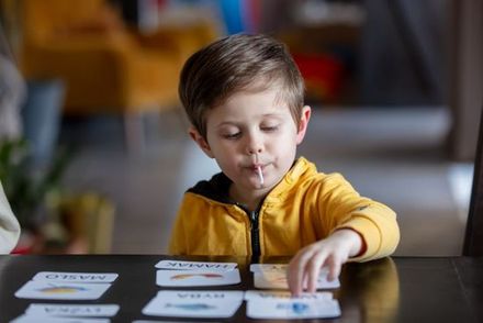 Kleiner Junge lernt Wörter aus Karten im Rahmen des ABA Therapieprogramms zu Hause am Tisch