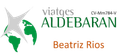 Logotipo de Viatges Aldebaran con globo terr&aacute;queo verde y el texto "Beatriz Rios" sobre fondo blanco.