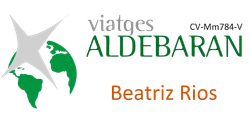 Logotipo de Viatges Aldebaran con globo terráqueo verde y el texto "Beatriz Rios" sobre fondo blanco.