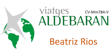 Logotipo de Viatges Aldebaran con globo terr&aacute;queo verde y el texto "Beatriz Rios" sobre fondo blanco.