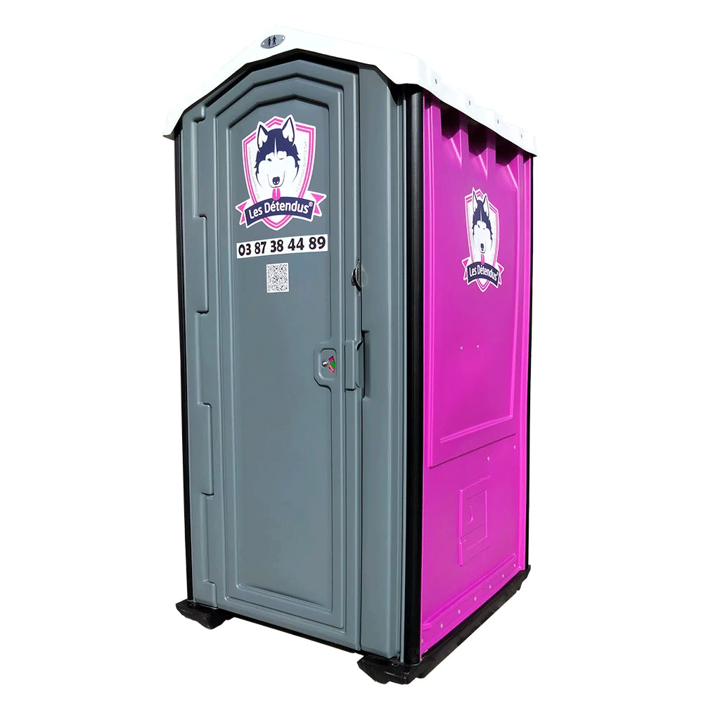 Cabine sanitaire autonome aux couleurs et au logo des Détendus