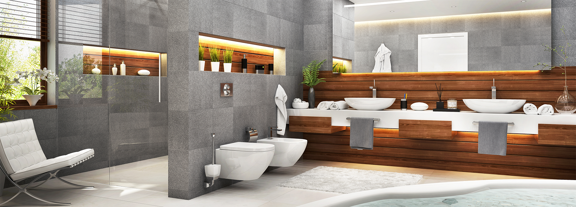 Salle de bains grise et en bois design