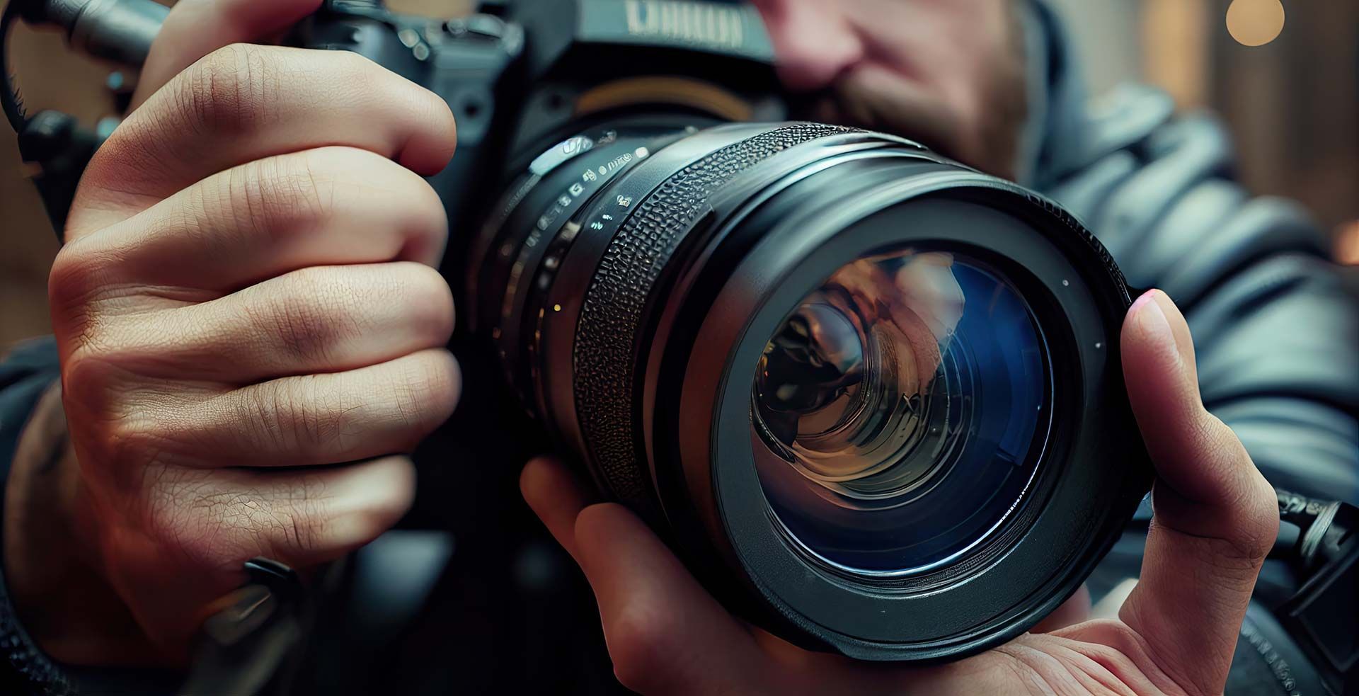 Un hombre sostiene una cámara en sus manos y toma una fotografía.