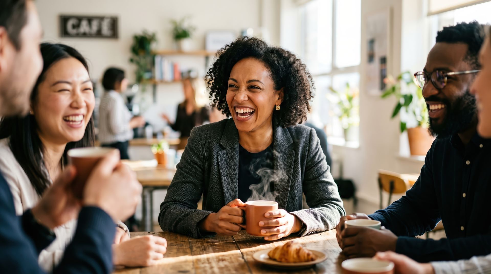 Trois personnes sourient et discutent autour d'un café, attablé avec des pâtisseries.