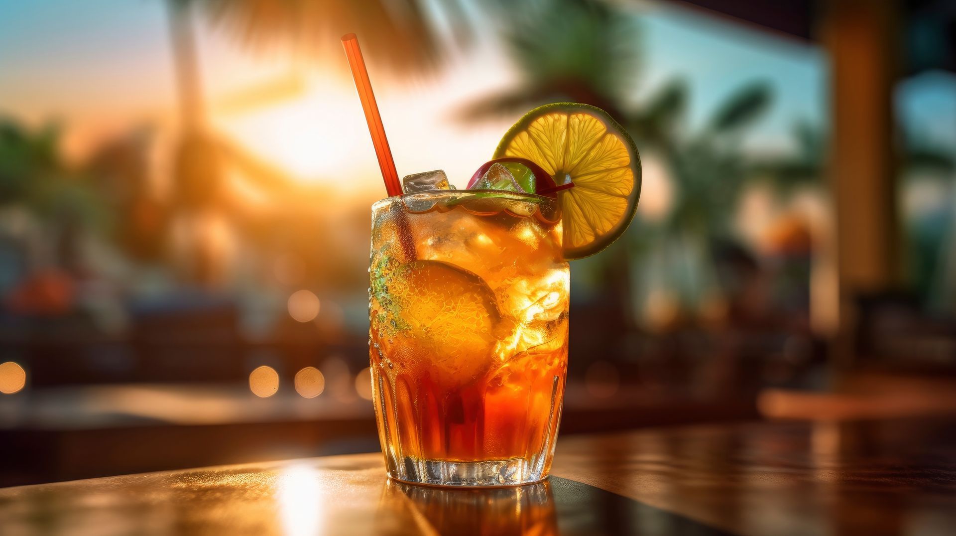Cocktail tropical garni de citron vert et servi avec une paille sur une table de bar baignée de soleil au coucher du soleil.
