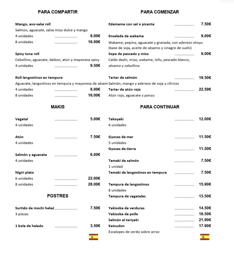 Infografía estilo menú español con tres columnas de nombres de artículos y precios sobre un fondo blanco.