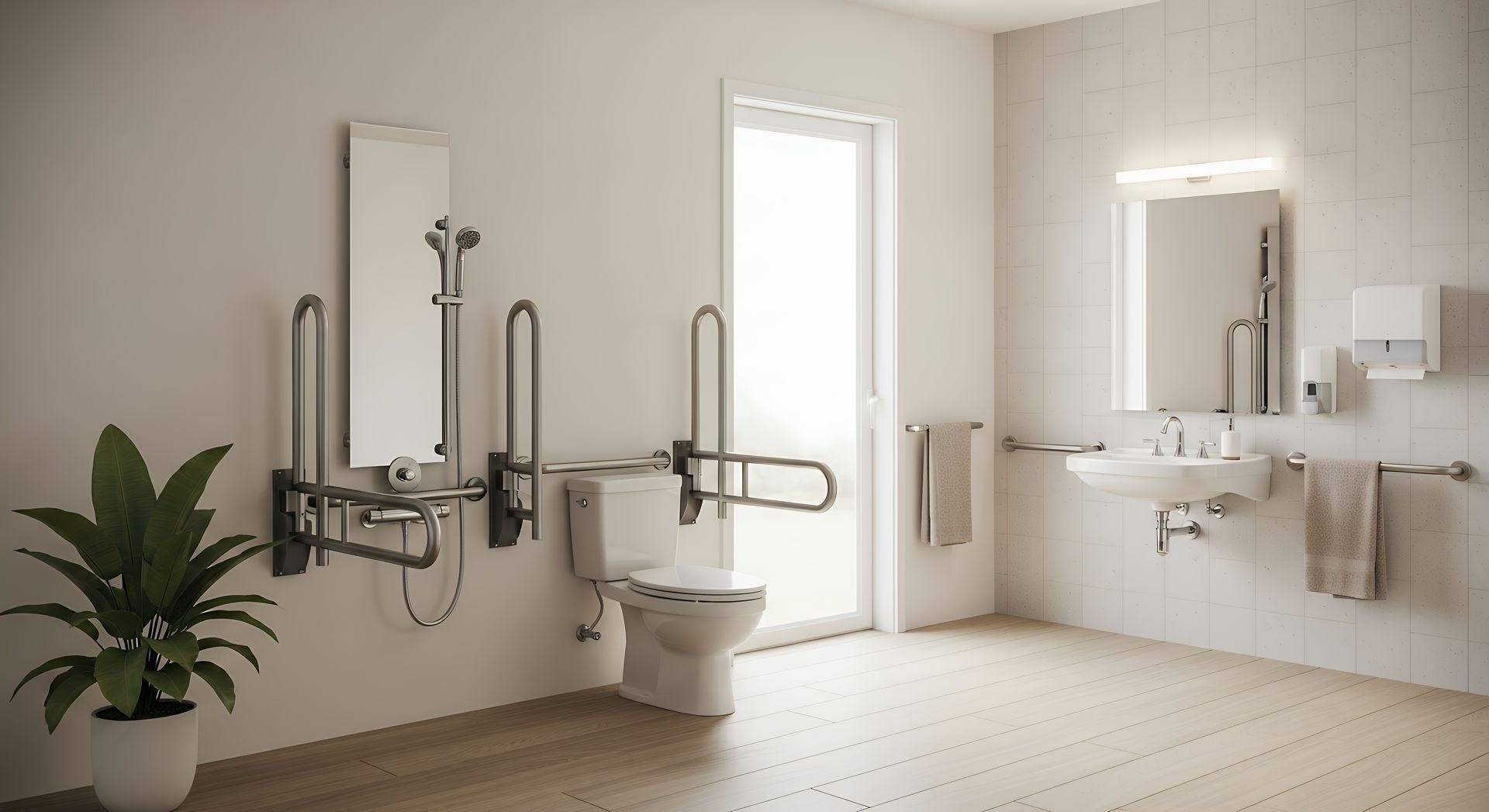 Barrierefreies Badezimmer: Toilette, Waschbecken und Dusche mit Haltegriffen, neutrale Töne, heller, luftiger Raum.