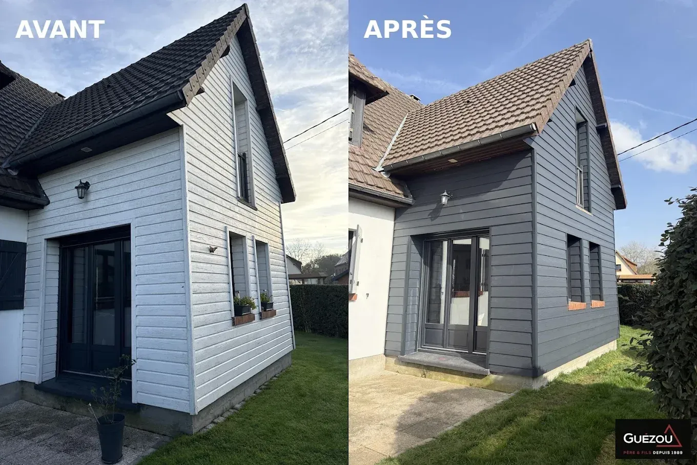 Maison avant/après rénovation, façade blanche puis grise sous un ciel ensoleillé.