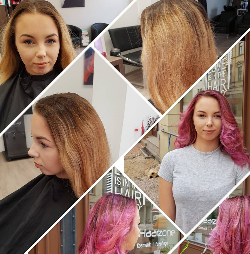 Collage lange Haare von blond / hellbraun zu rosa