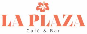 Logotipo de La Plaza Café & Bar en coral y negro con una flor de hibisco.