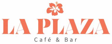 Logotipo de La Plaza Café & Bar en coral y negro con una flor de hibisco.