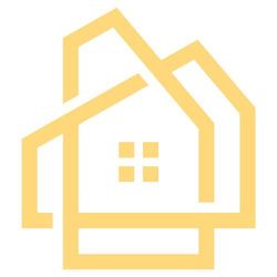 Un icono amarillo de dos casas apiladas una encima de la otra sobre un fondo blanco.