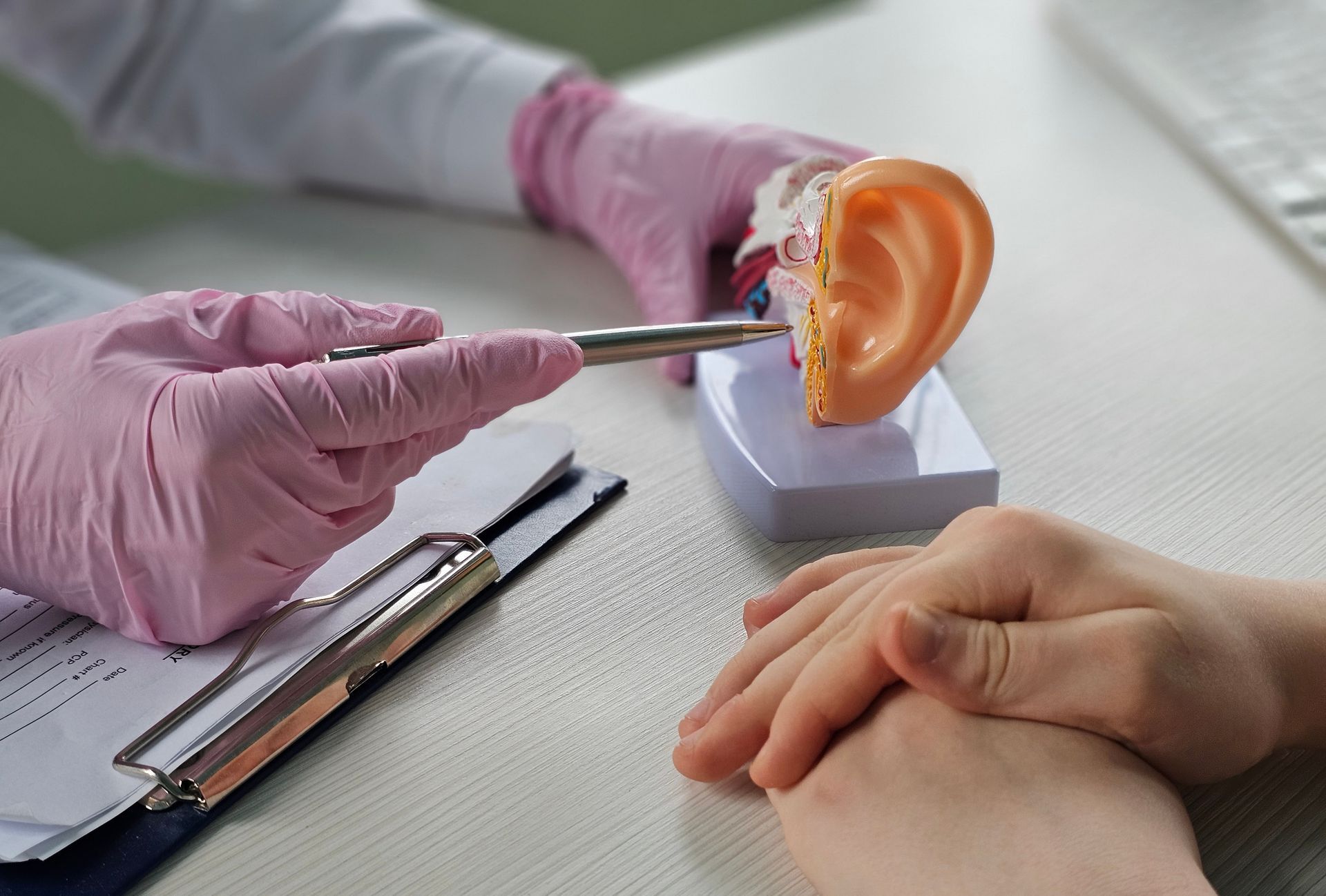 Un médico sostiene un modelo de una oreja y habla con un paciente.
