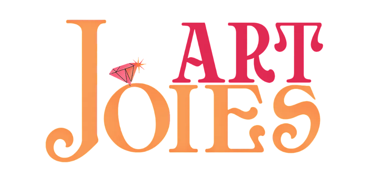 Logotipo con la palabra “ART” en rojo y “JOIES” en naranja, con una joya rosa encima de la “J”.