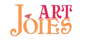 Logotipo con la palabra “ART” en rojo y “JOIES” en naranja, con una joya rosa encima de la “J”.