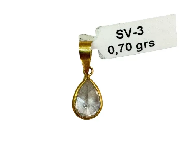 Colgante de oro con piedra transparente en forma de pera, la etiqueta dice