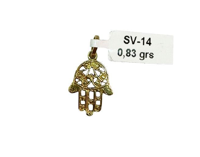 Colgante de Hamsa de oro con etiqueta que dice SV-14, 0,83 grs.