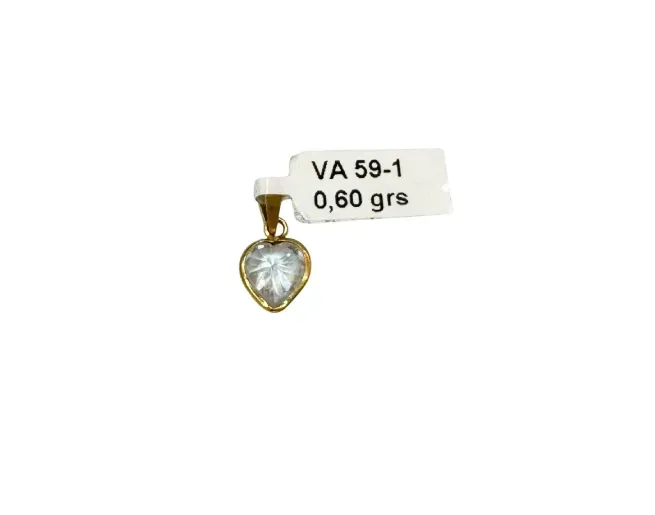 Colgante de corazón de oro con una piedra transparente, etiquetado