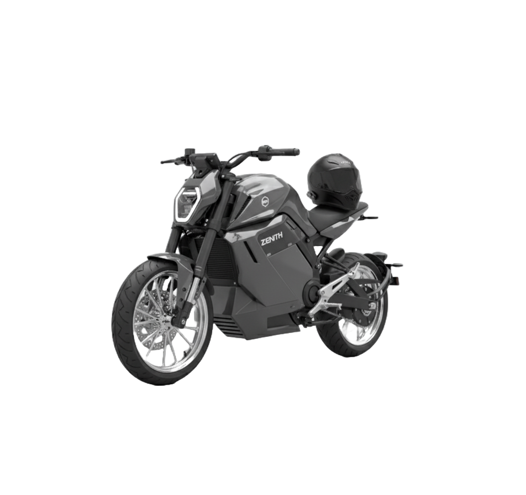 Moto électrique noire avec un casque sur la selle, vue de profil.