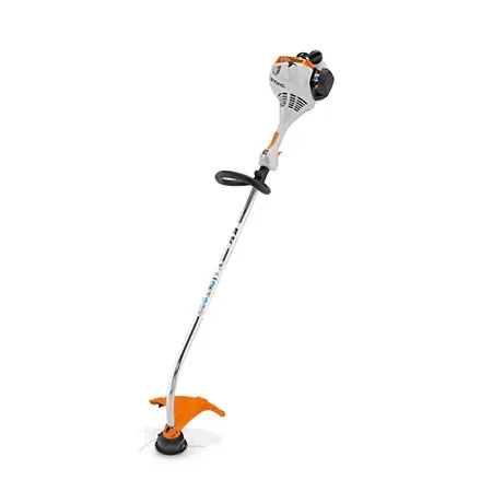 Coupe-bordures STIHL blanc et orange sur fond blanc.