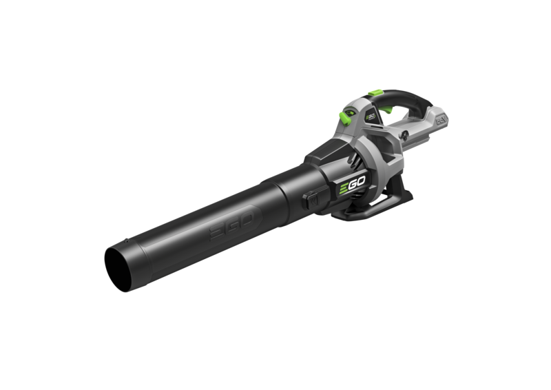 Souffleur de feuilles à batterie EGO power+, gris et noir, avec une longue buse et des accents verts.