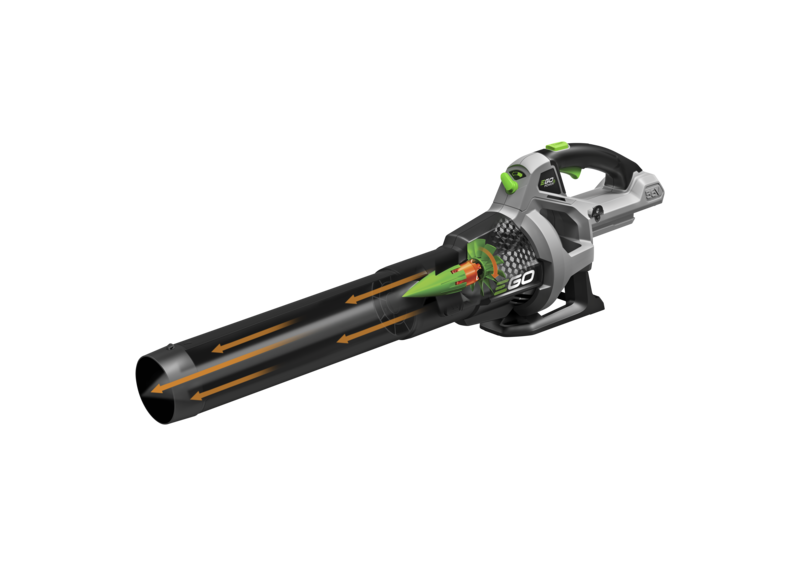 Souffleur de feuilles à batterie EGO power+, gris et noir, avec une longue buse et des accents verts.