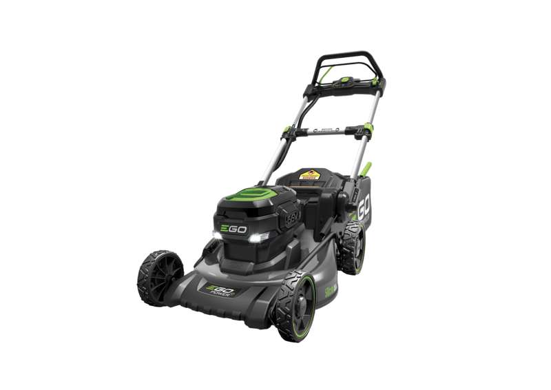 Tondeuse à gazon EGO noire et verte à batterie sur fond blanc.