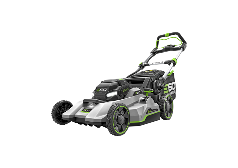 Tondeuse à gazon électrique verte et grise avec sac de ramassage, inclinée sur fond blanc.