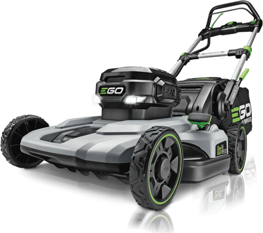 Tondeuse à gazon sans fil EGO, grise et noire, avec des touches de vert. Vue de face, légèrement inclinée vers le haut.