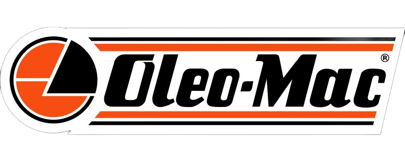Logo Oleo-Mac : emblème orange et noir, graphique « O » stylisé avec texte sur un rectangle blanc.