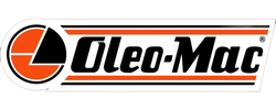 Logo Oleo-Mac : emblème orange et noir, graphique « O » stylisé avec texte sur un rectangle blanc.