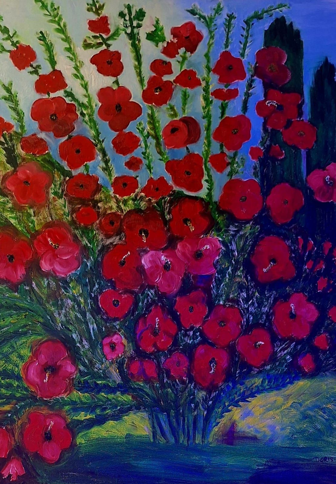 Gemälde eines Blumenstraußes mit roten Blumen